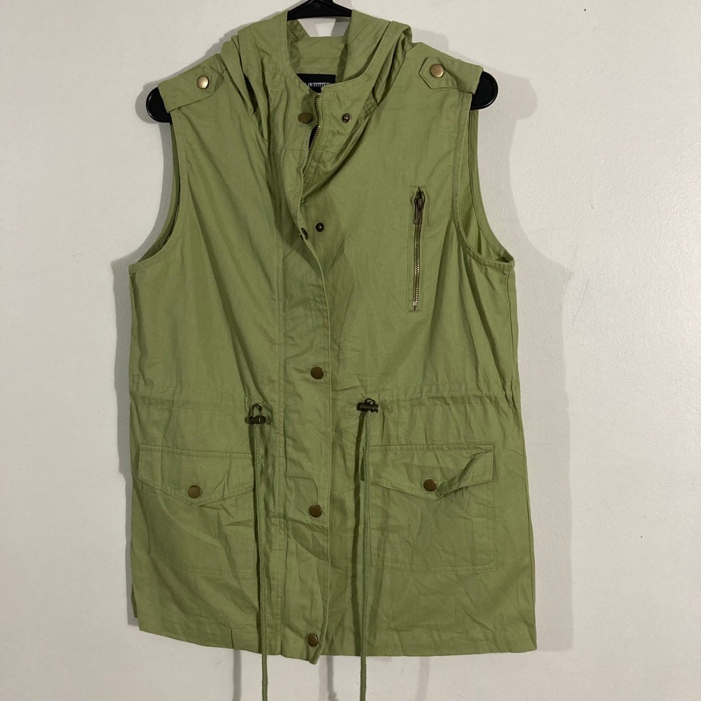 Zenana Outfitters Utility Vest Women Medium Green Hooded Drawstring QJ-2445